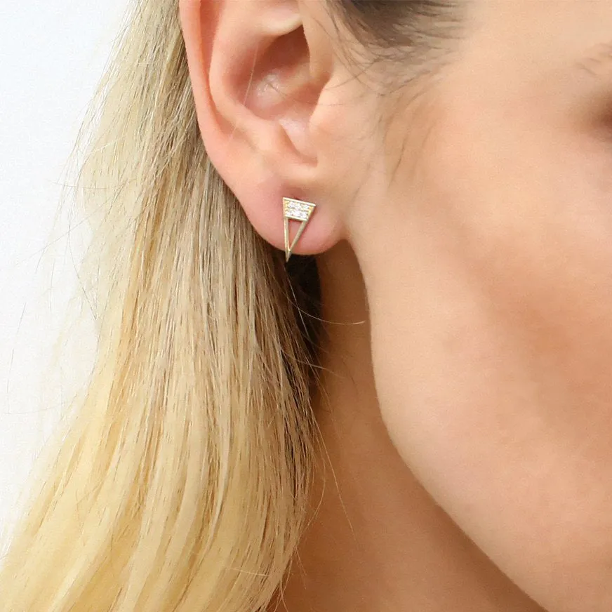 14K Gold Elongated Triangle Earrings with Micro Pave Diamonds
