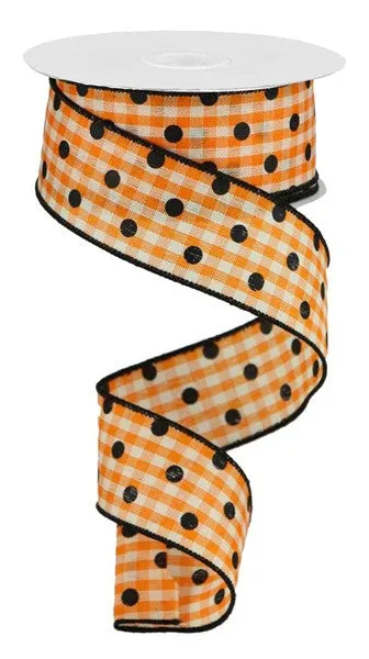 1.5"x10yd Polka Dot Gingham, Orange/Ivory/Black  J18D