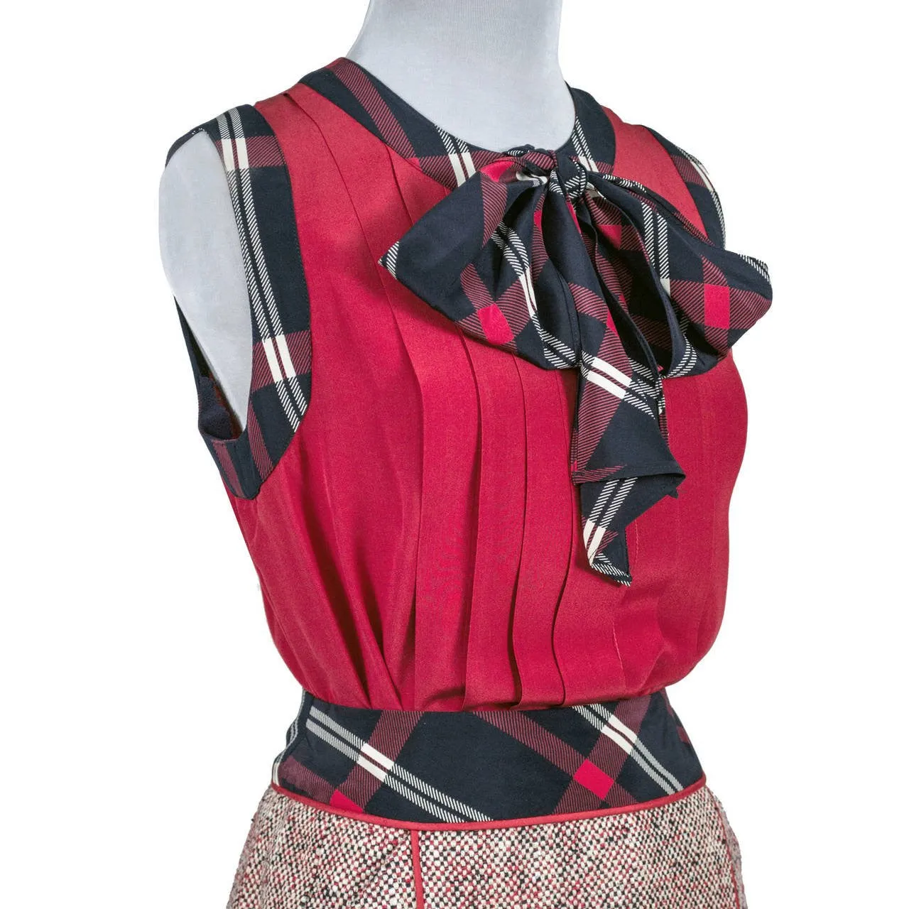 1985 Chanel Vintage Suit in Red White & Blue Plaid Tweed with Silk Blouse