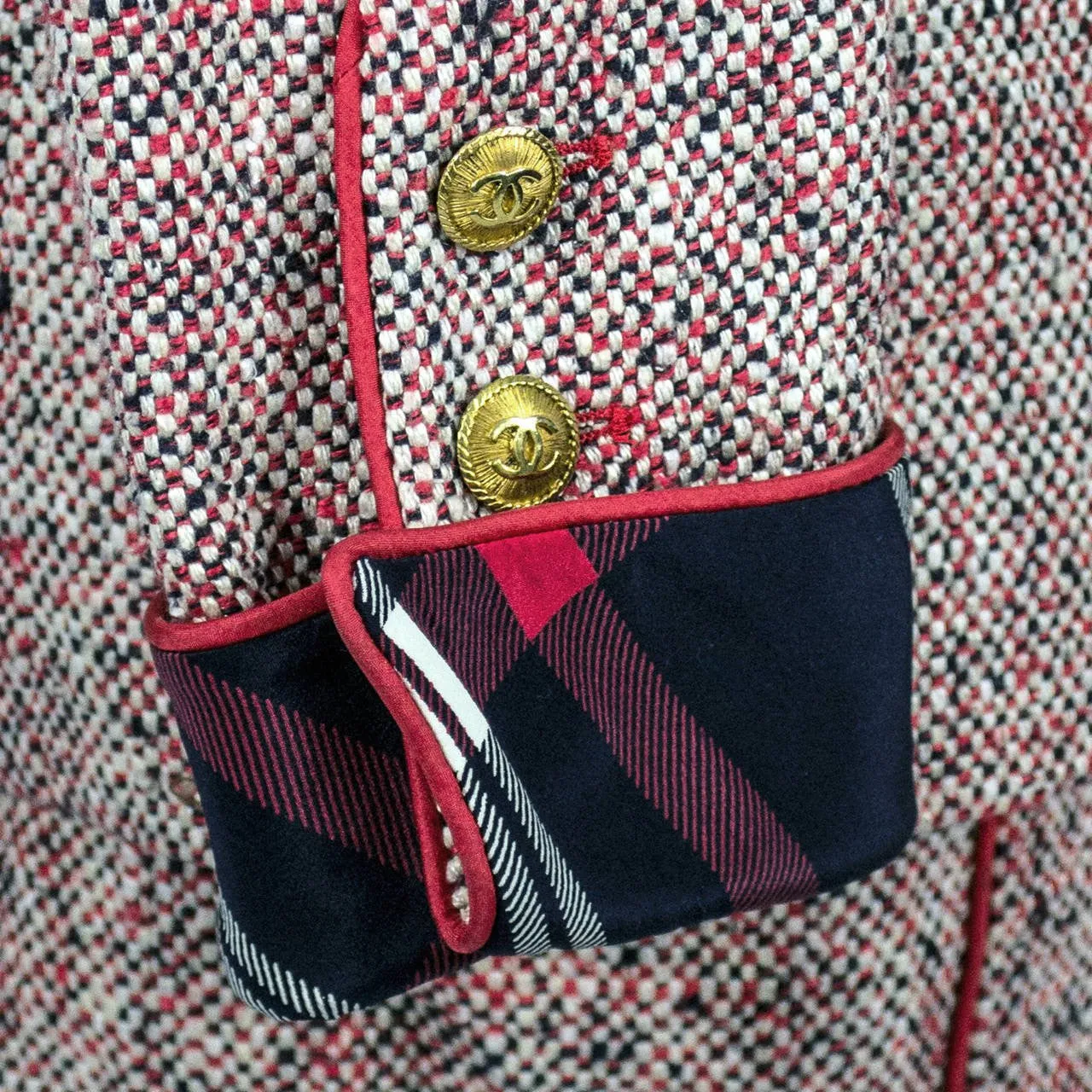 1985 Chanel Vintage Suit in Red White & Blue Plaid Tweed with Silk Blouse