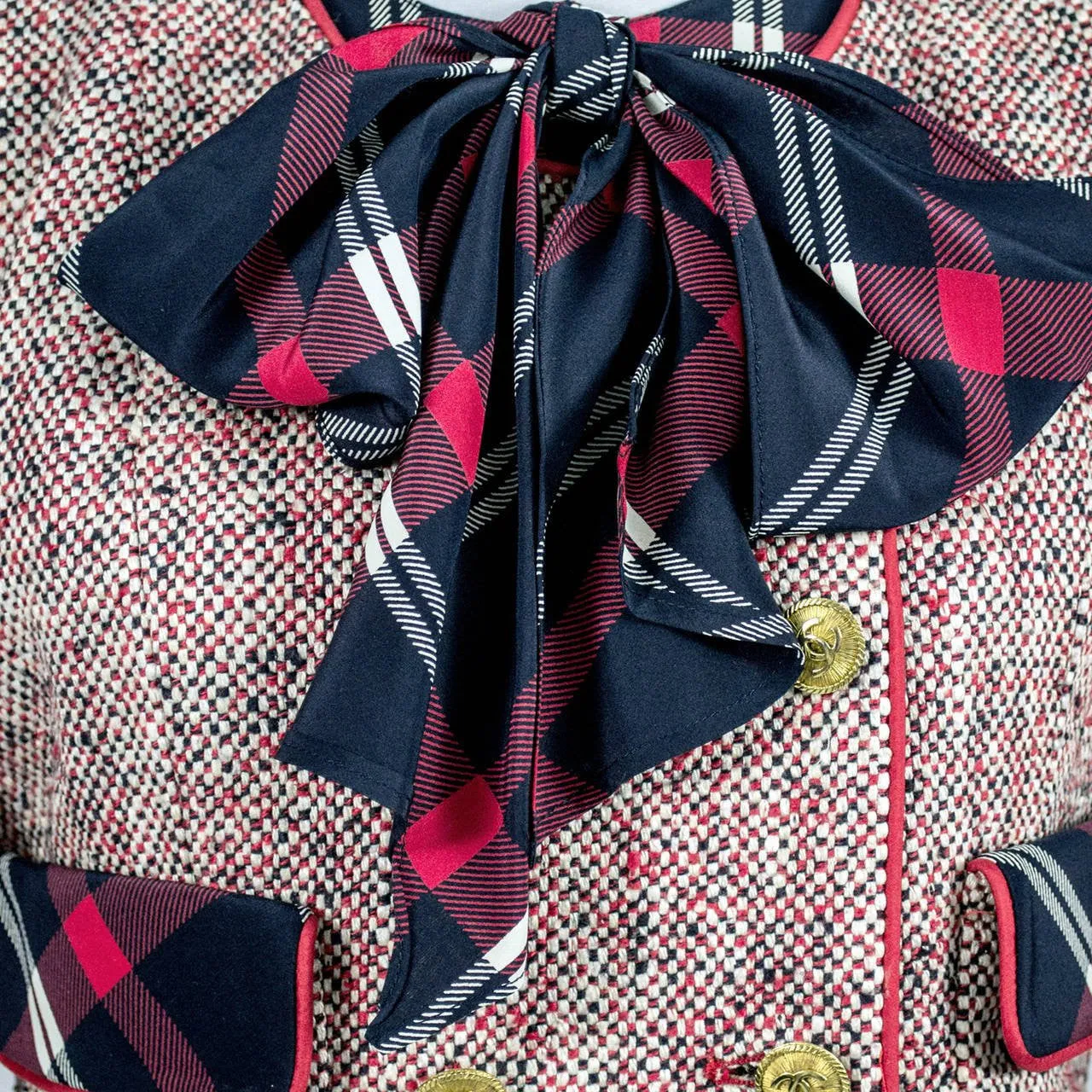 1985 Chanel Vintage Suit in Red White & Blue Plaid Tweed with Silk Blouse