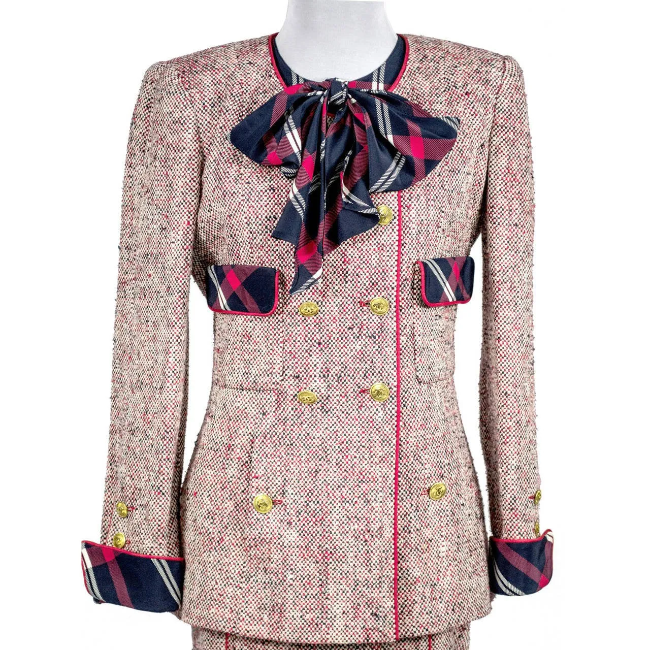 1985 Chanel Vintage Suit in Red White & Blue Plaid Tweed with Silk Blouse