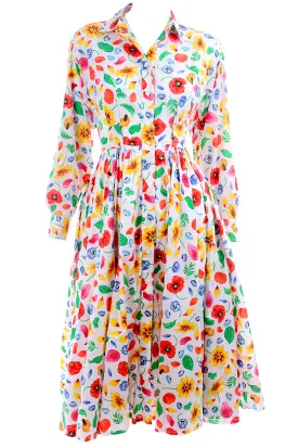 1990s Kenzo Paris Colorful Cotton Floral Print Long Sleeve Dress
