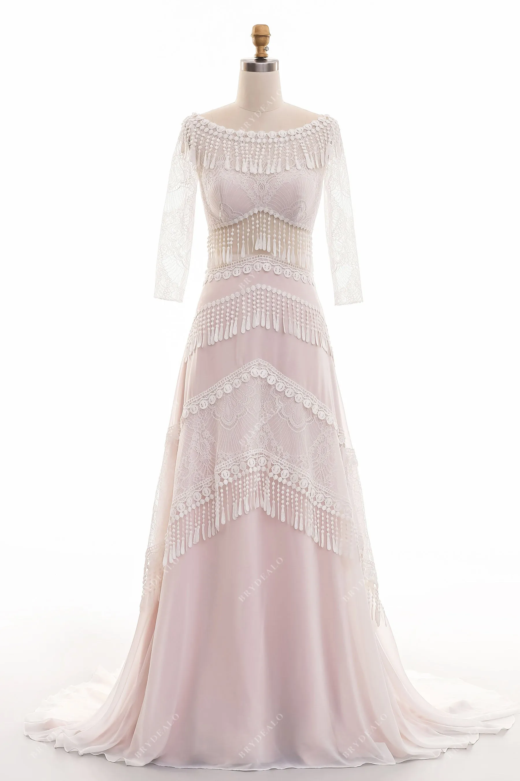 3/4 Sleeved Pearl Pink Boho Tassels Destination Wedding Dress
