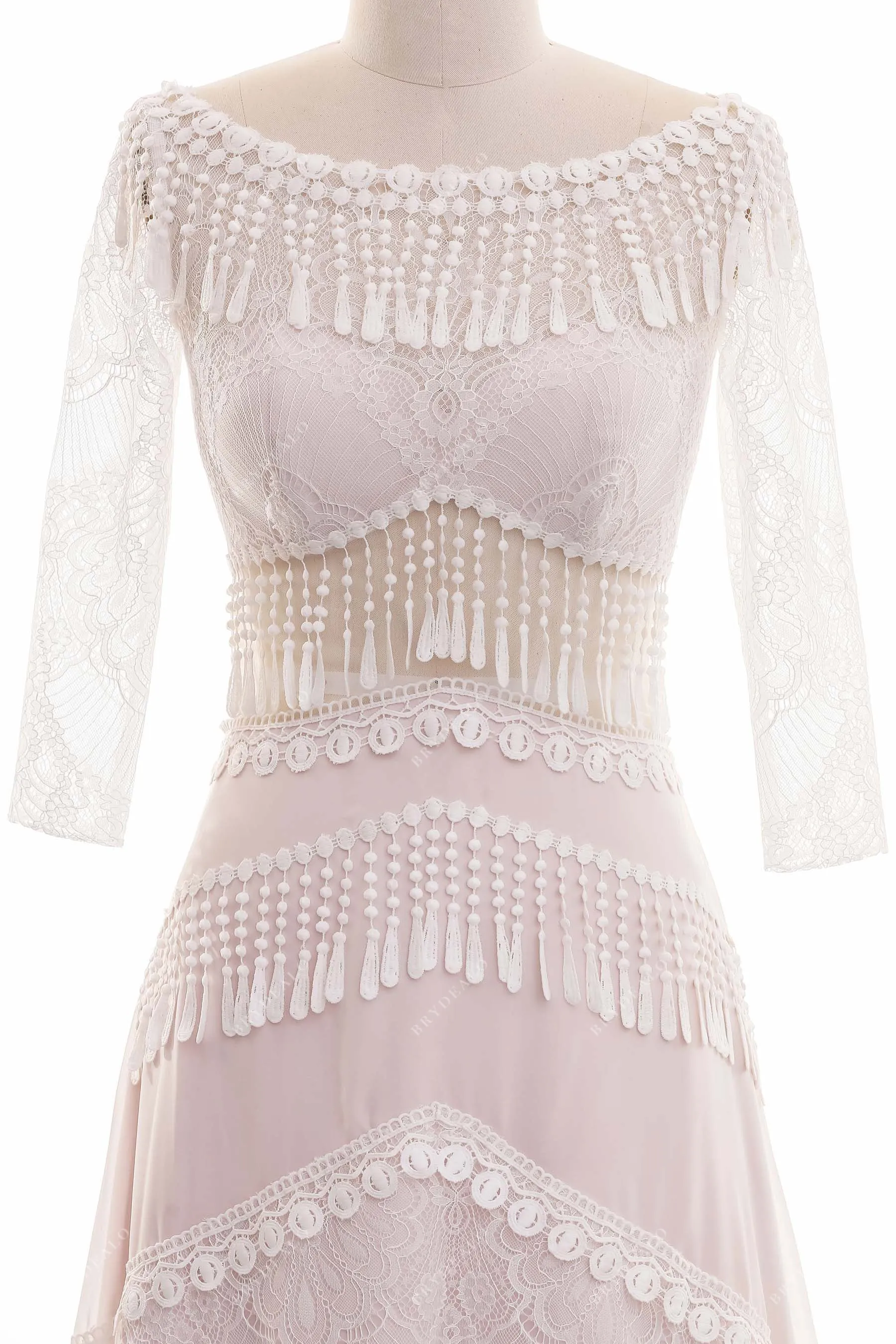 3/4 Sleeved Pearl Pink Boho Tassels Destination Wedding Dress