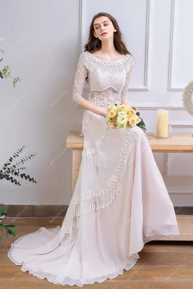 3/4 Sleeved Pearl Pink Boho Tassels Destination Wedding Dress