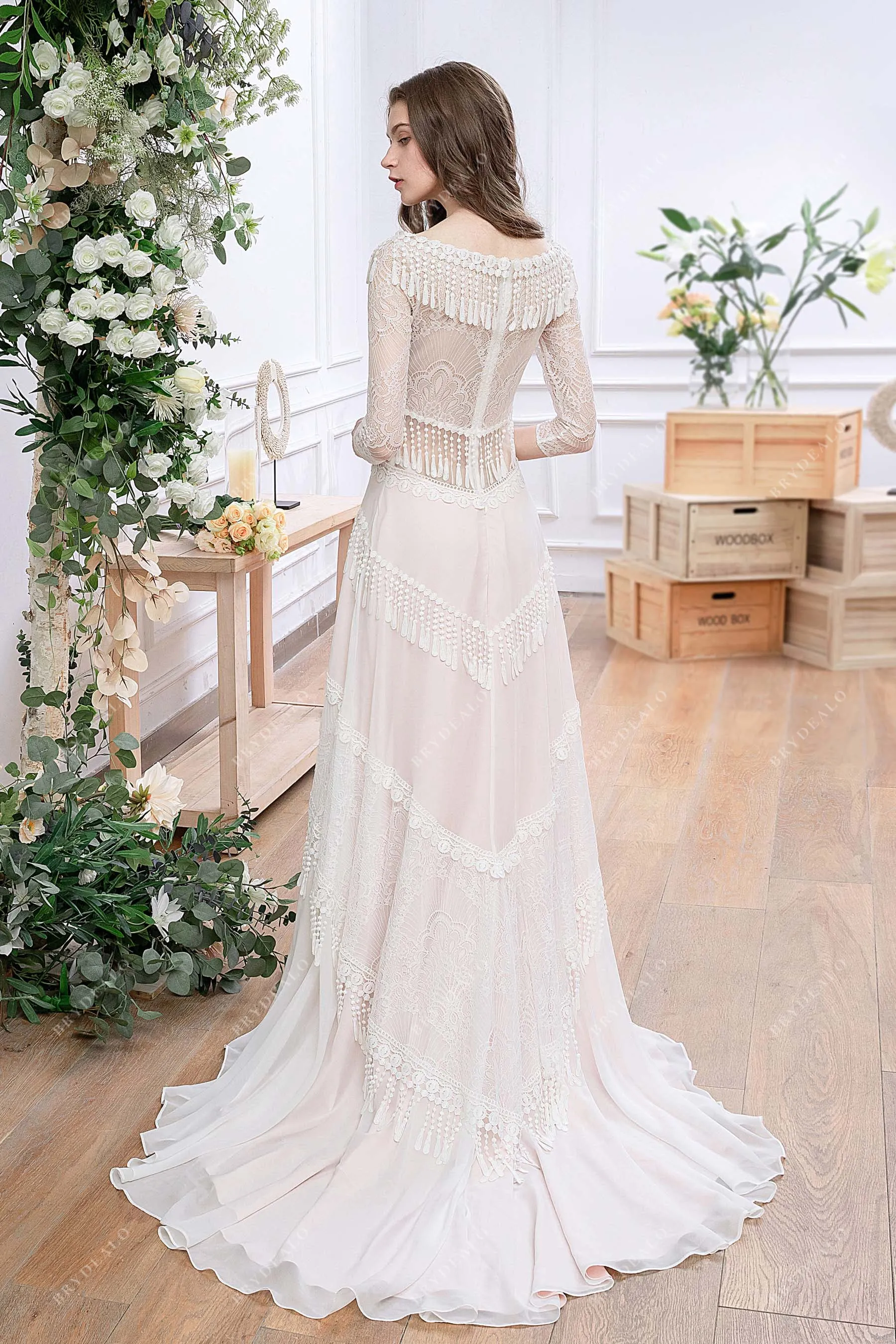 3/4 Sleeved Pearl Pink Boho Tassels Destination Wedding Dress