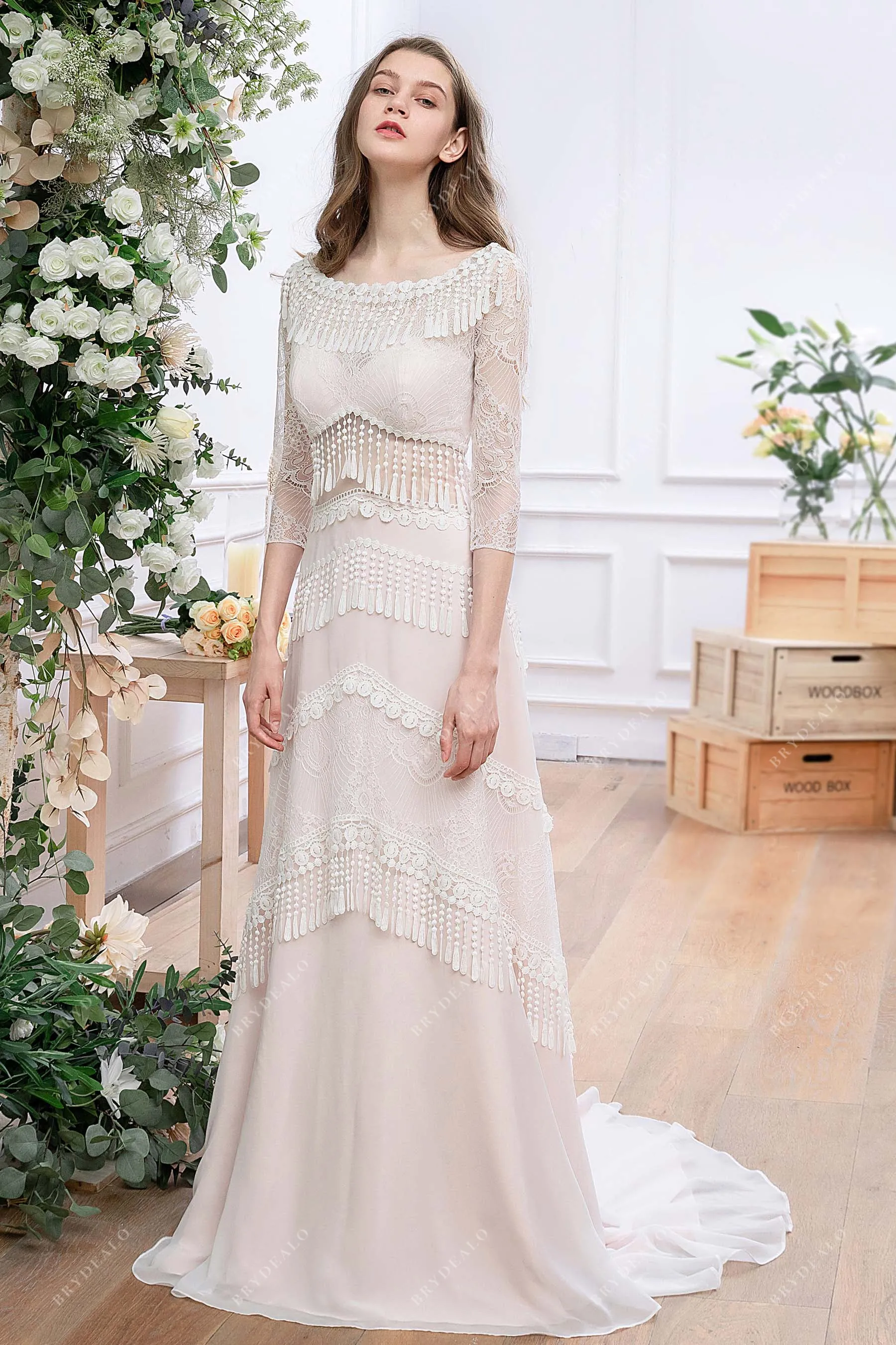 3/4 Sleeved Pearl Pink Boho Tassels Destination Wedding Dress