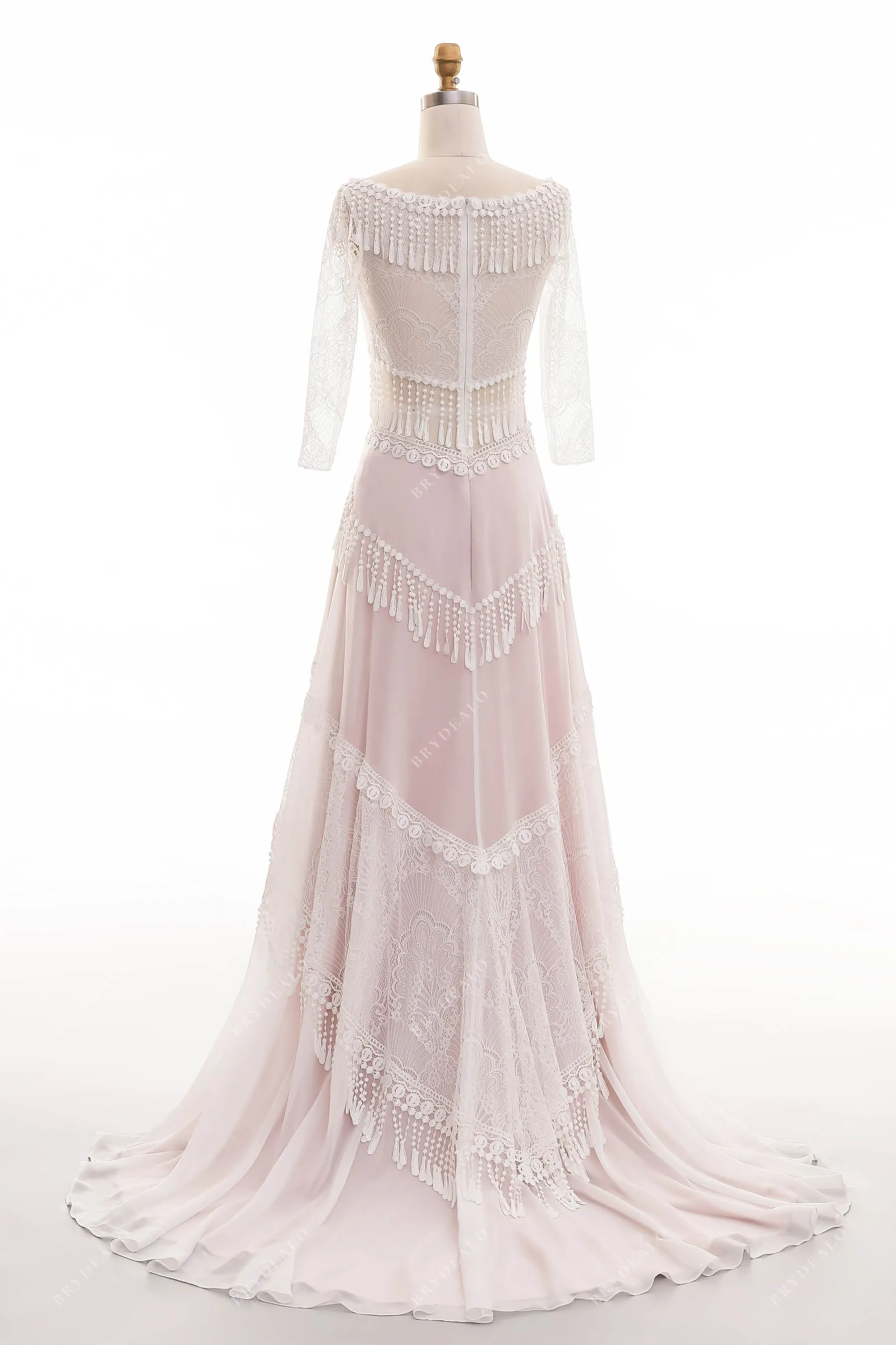 3/4 Sleeved Pearl Pink Boho Tassels Destination Wedding Dress