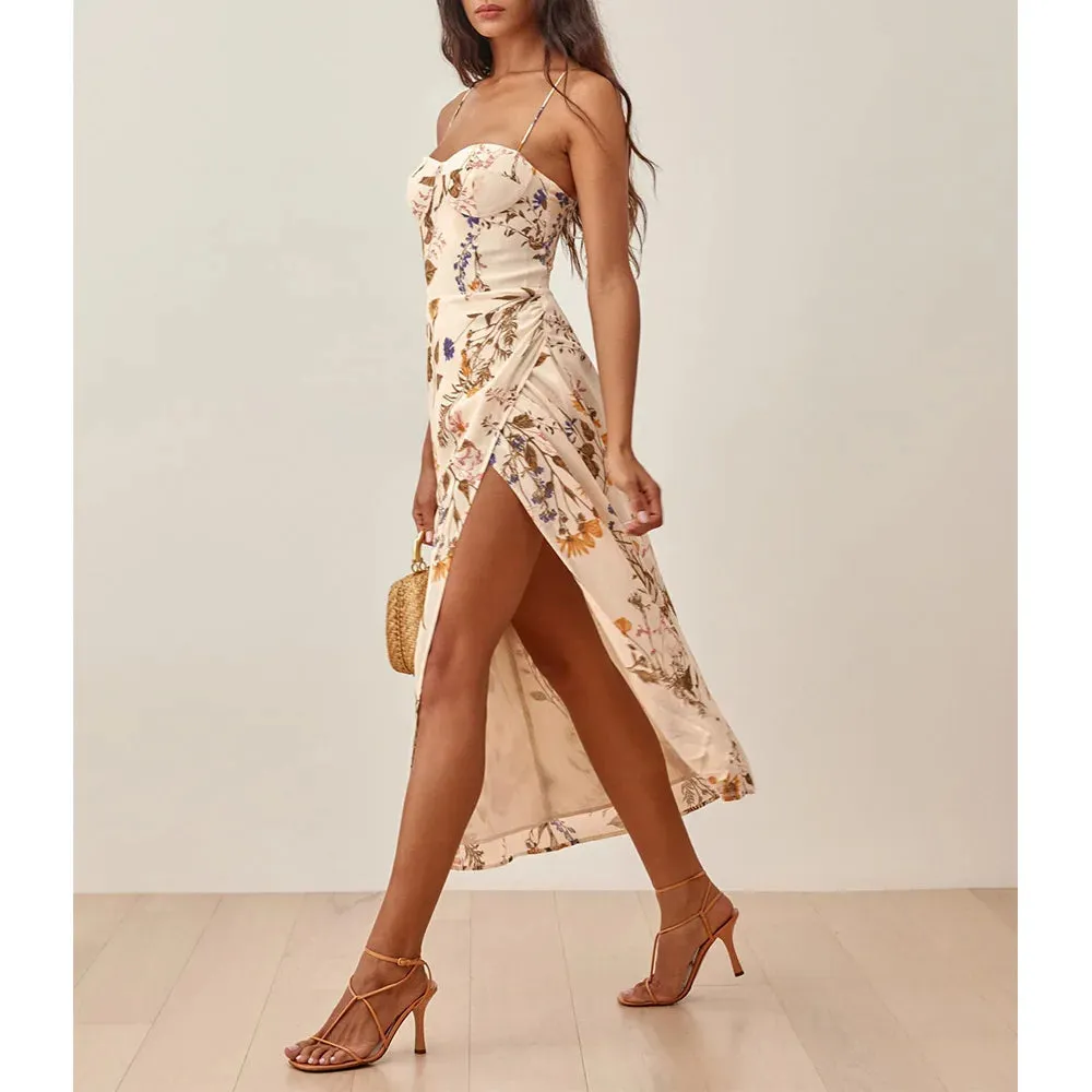 Aiertu Summer Clothes Dresses For Women Elegant Vintage Floral Midi Dress Sweetheart Neck Spaghetti Strap Slit Sexy Party Dress