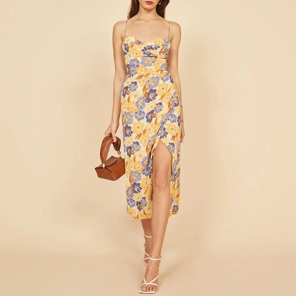 Aiertu Summer Clothes Dresses For Women Elegant Vintage Floral Midi Dress Sweetheart Neck Spaghetti Strap Slit Sexy Party Dress
