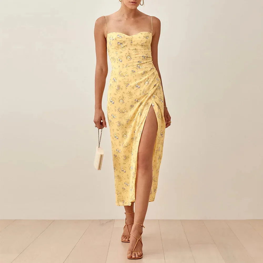 Aiertu Summer Clothes Dresses For Women Elegant Vintage Floral Midi Dress Sweetheart Neck Spaghetti Strap Slit Sexy Party Dress