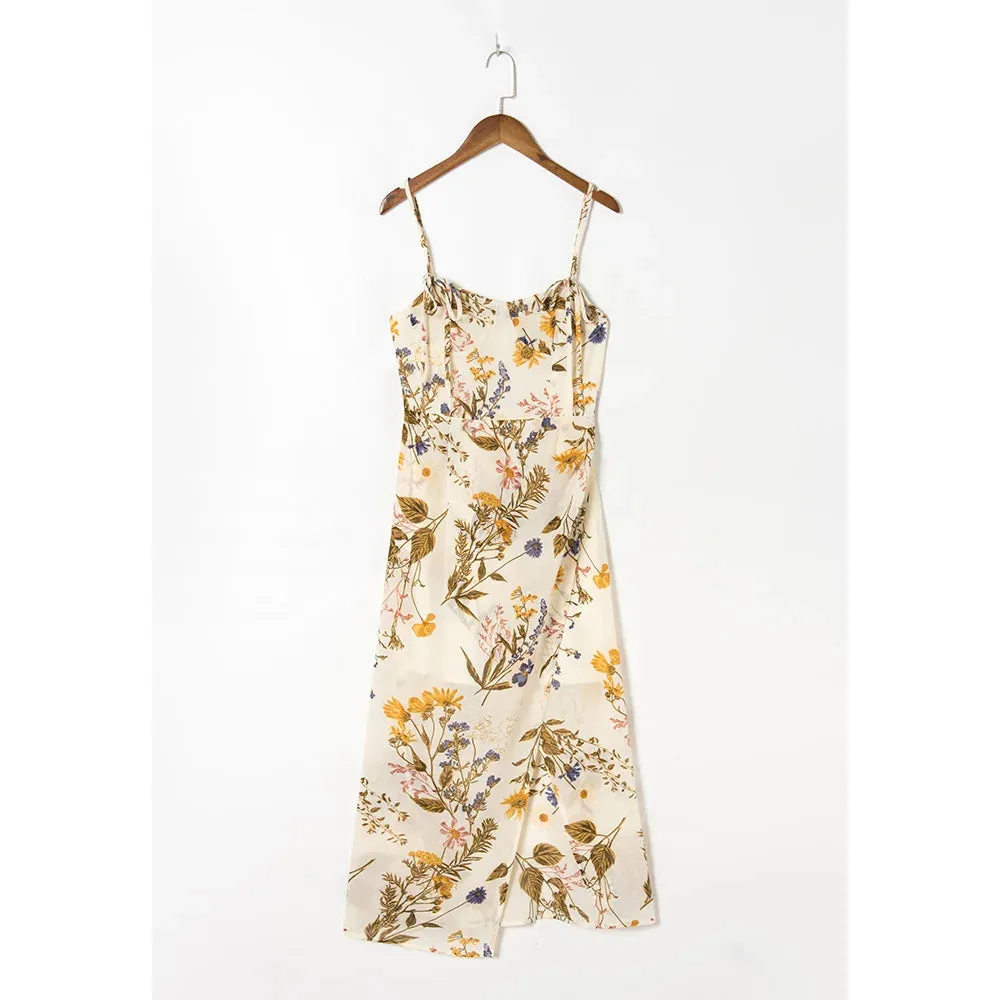 Aiertu Summer Clothes Dresses For Women Elegant Vintage Floral Midi Dress Sweetheart Neck Spaghetti Strap Slit Sexy Party Dress