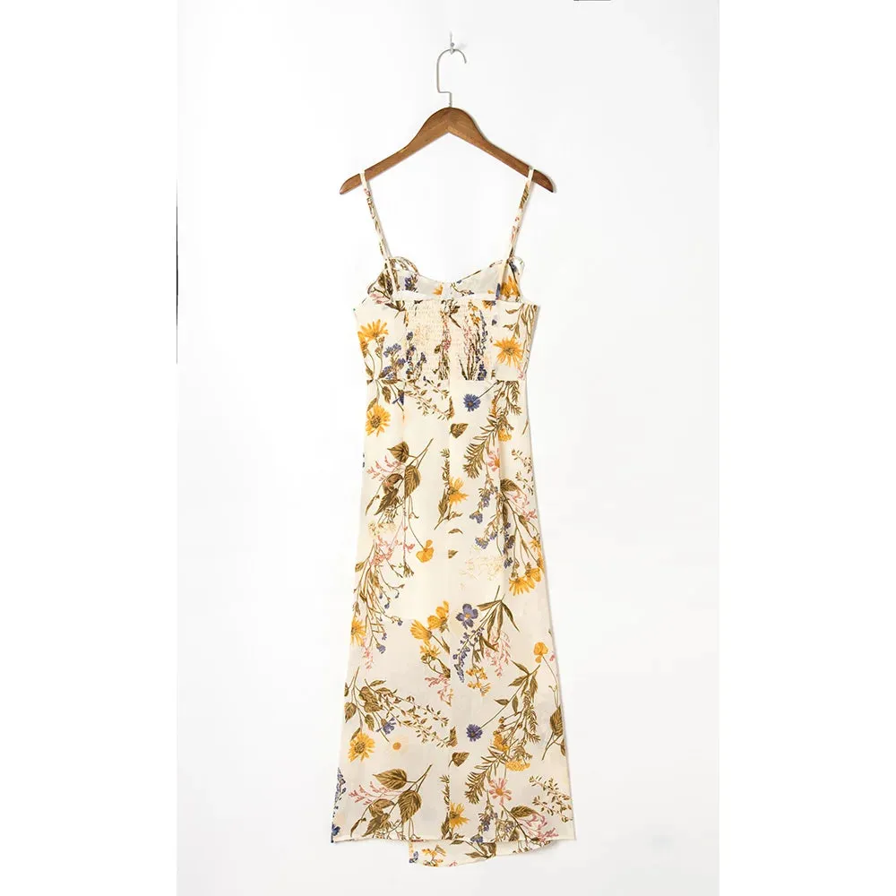 Aiertu Summer Clothes Dresses For Women Elegant Vintage Floral Midi Dress Sweetheart Neck Spaghetti Strap Slit Sexy Party Dress