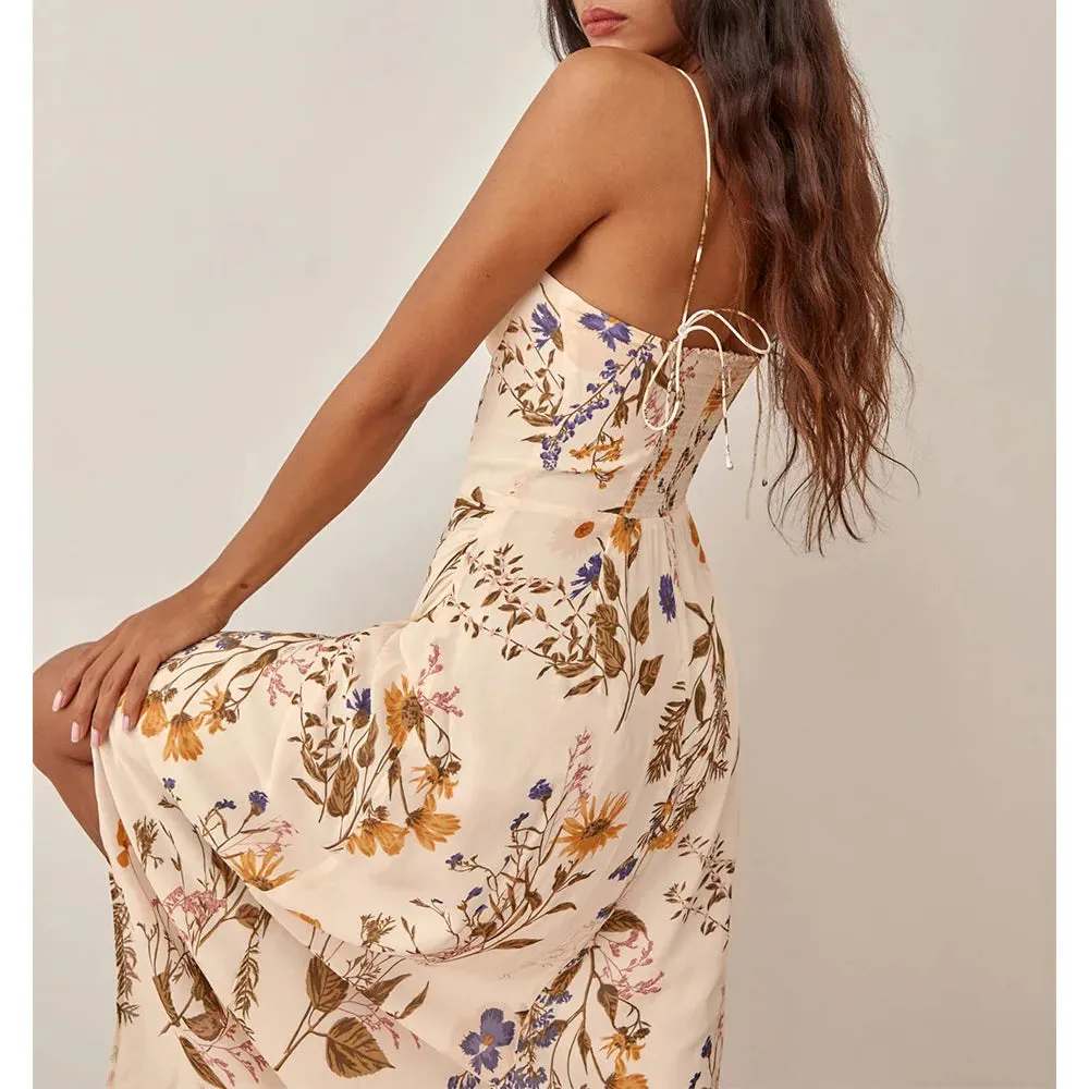 Aiertu Summer Clothes Dresses For Women Elegant Vintage Floral Midi Dress Sweetheart Neck Spaghetti Strap Slit Sexy Party Dress