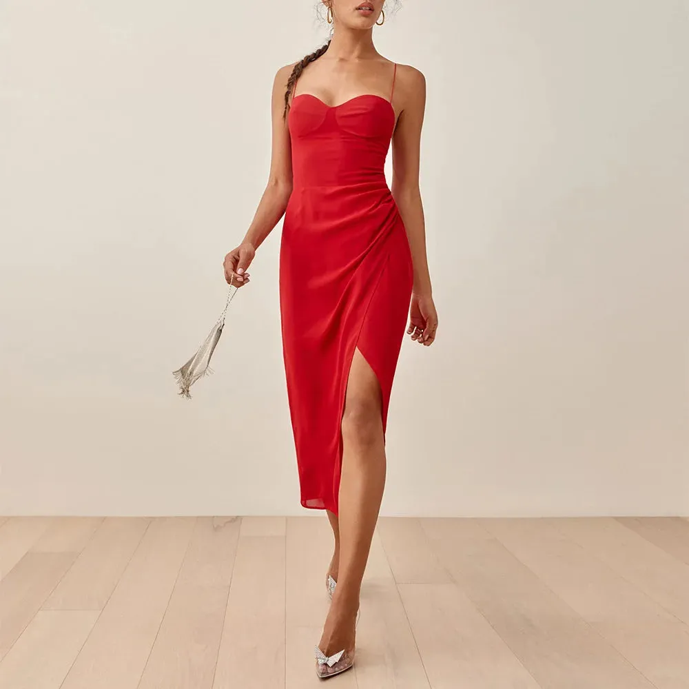 Aiertu Summer Clothes Dresses For Women Elegant Vintage Floral Midi Dress Sweetheart Neck Spaghetti Strap Slit Sexy Party Dress