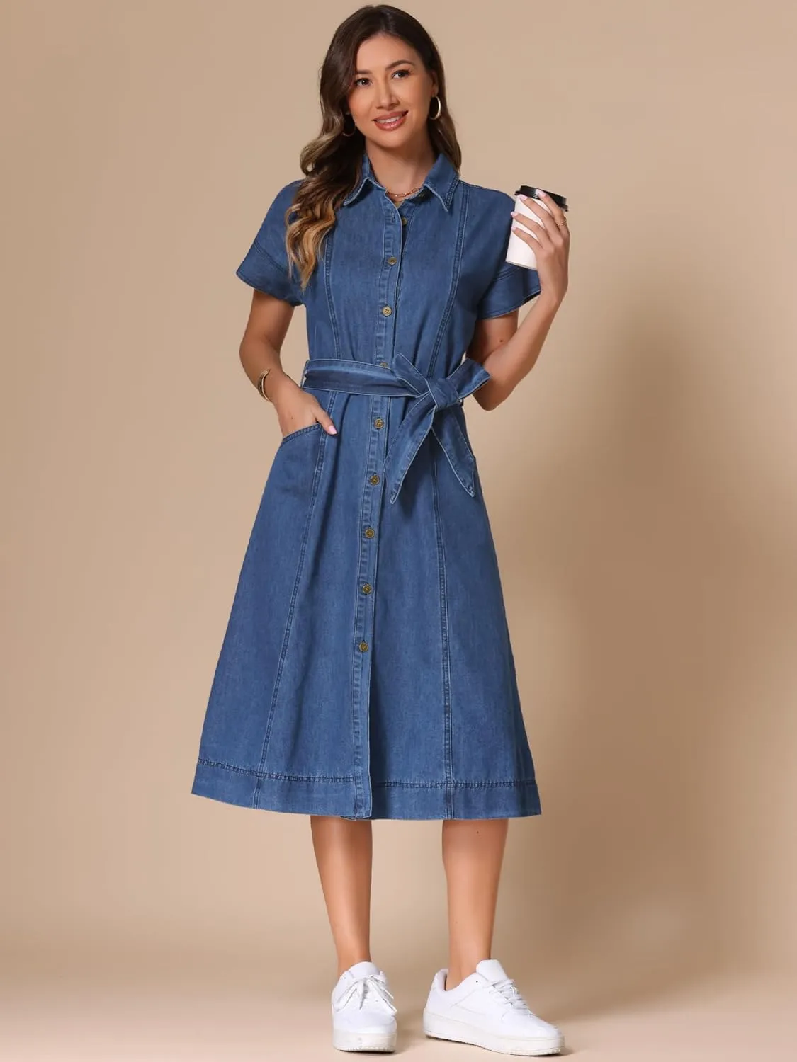 Allegra K Denim Shirt Dress for Women's Casual Button Down Short Sleeves Belted Jean Midi Dress 2025 Trendy Outfits