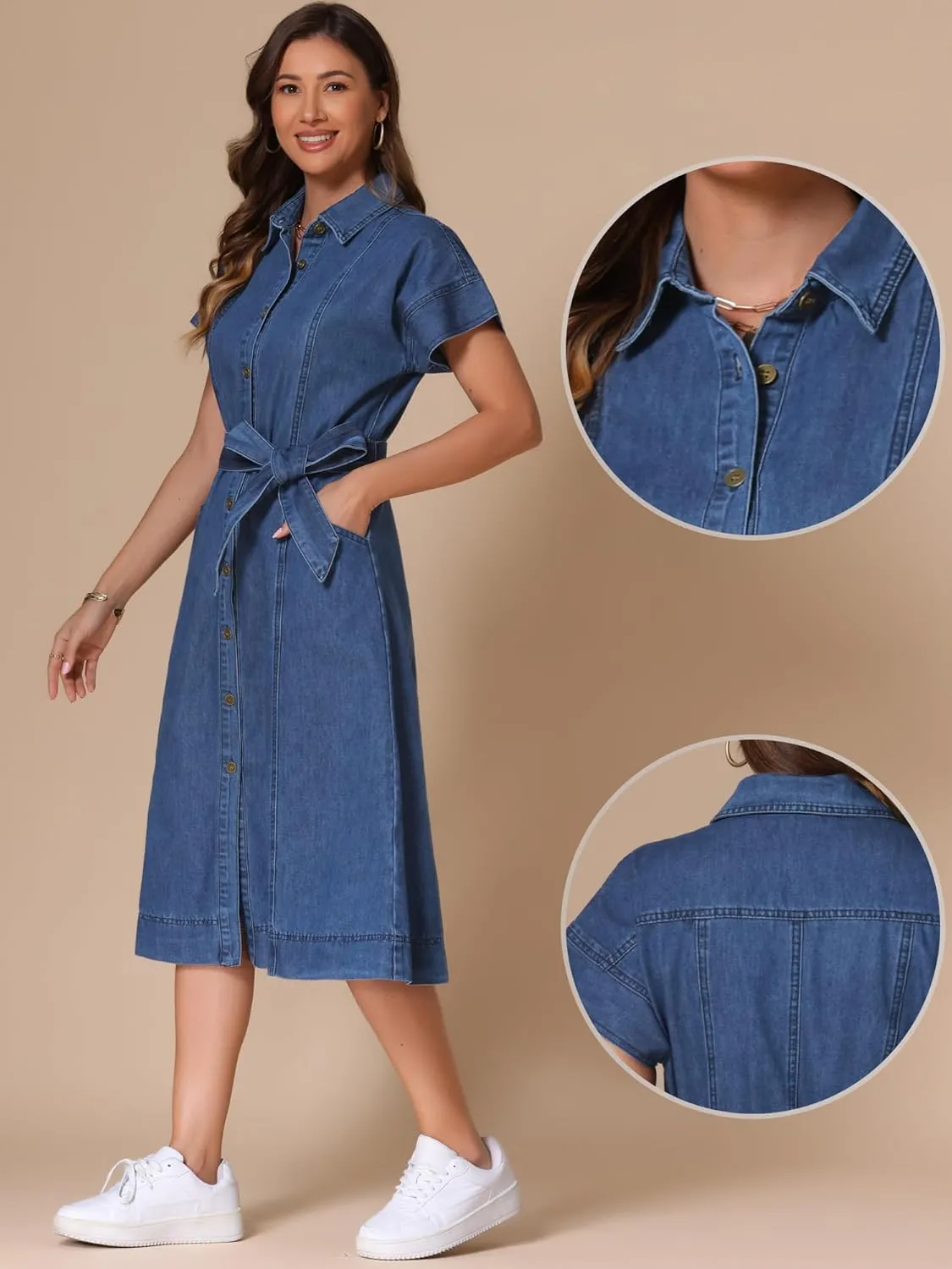 Allegra K Denim Shirt Dress for Women's Casual Button Down Short Sleeves Belted Jean Midi Dress 2025 Trendy Outfits