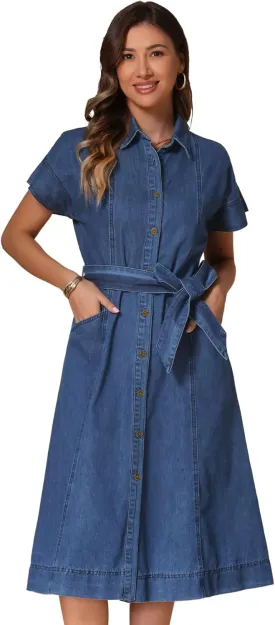 Allegra K Denim Shirt Dress for Women's Casual Button Down Short Sleeves Belted Jean Midi Dress 2025 Trendy Outfits