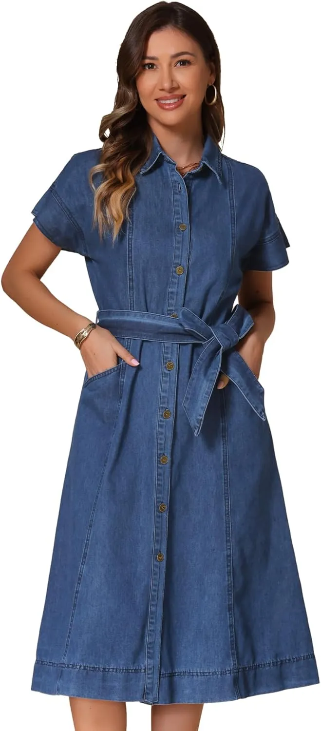 Allegra K Denim Shirt Dress for Women's Casual Button Down Short Sleeves Belted Jean Midi Dress 2025 Trendy Outfits