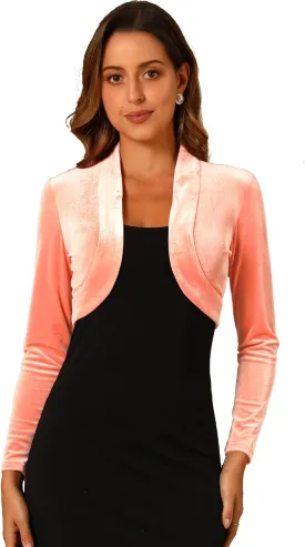 Allegra K Women's Long Sleeve Velvet Shrug Cocktail Party Open Front Cropped Bolero Cardigan Top