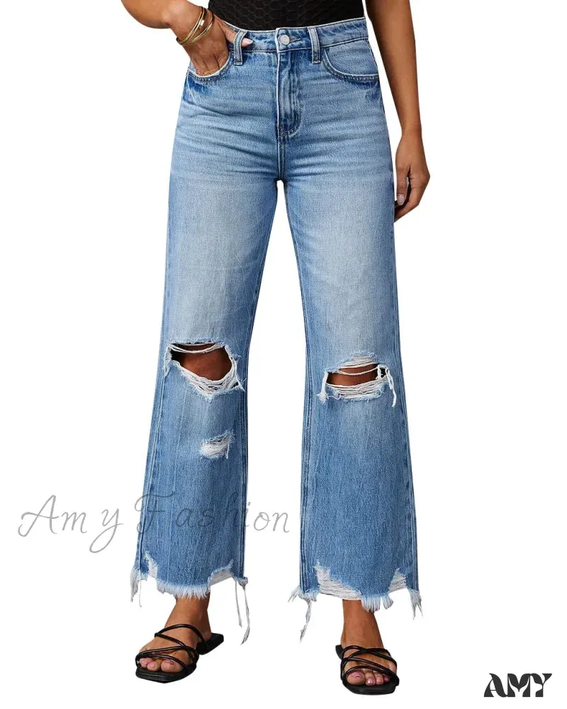 Amy Fashion - 2024 New Fashion High Waist Straight Denim Vintage Tassel Women Baggy Spring Summer Blue Jean