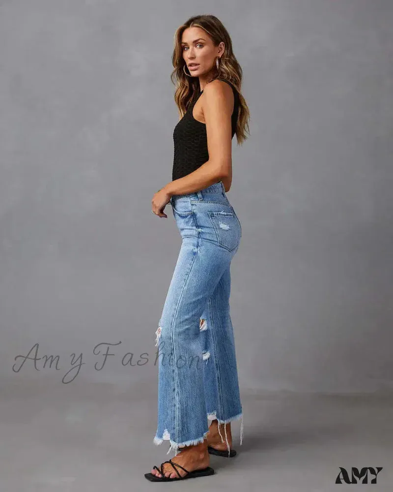 Amy Fashion - 2024 New Fashion High Waist Straight Denim Vintage Tassel Women Baggy Spring Summer Blue Jean