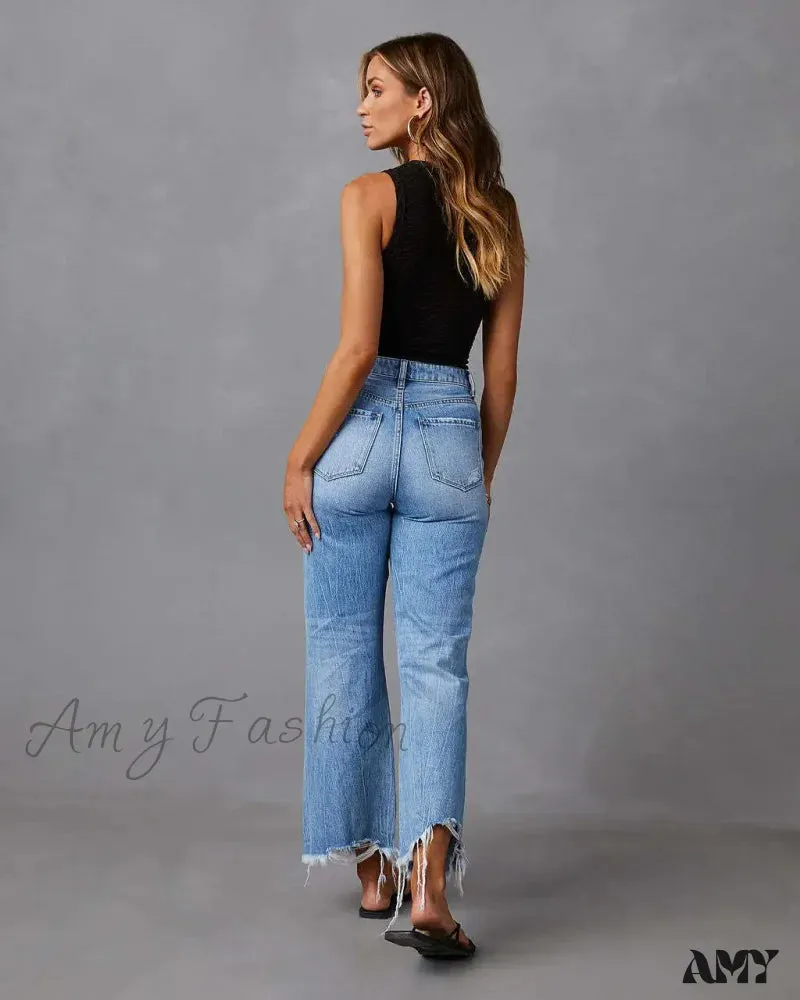 Amy Fashion - 2024 New Fashion High Waist Straight Denim Vintage Tassel Women Baggy Spring Summer Blue Jean