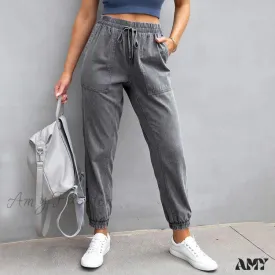 Amy Fashion - Stretch Women High Waist Wide Leg Casual Fashion Pocket Drawstring Women Clothing Mom Jean