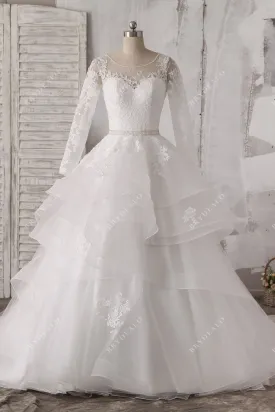 Beaded Lace Tulle Ruffled Ballgown Wedding Dress