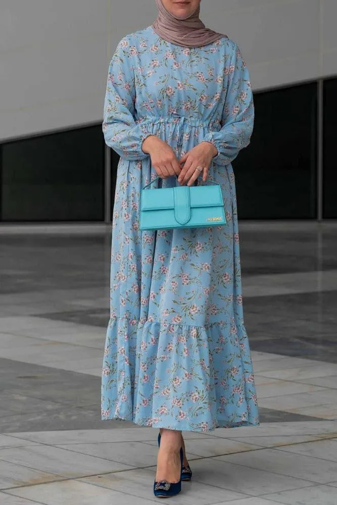 Blossom Blue Floral Maxi Dress with Adjustable Waist