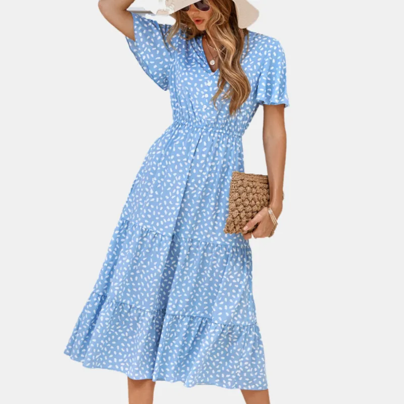 Blue Floral Dress | Button Up Short Sleeve