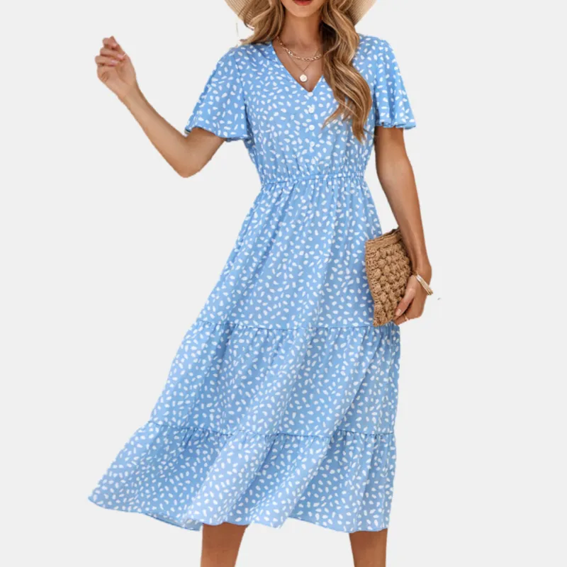 Blue Floral Dress | Button Up Short Sleeve