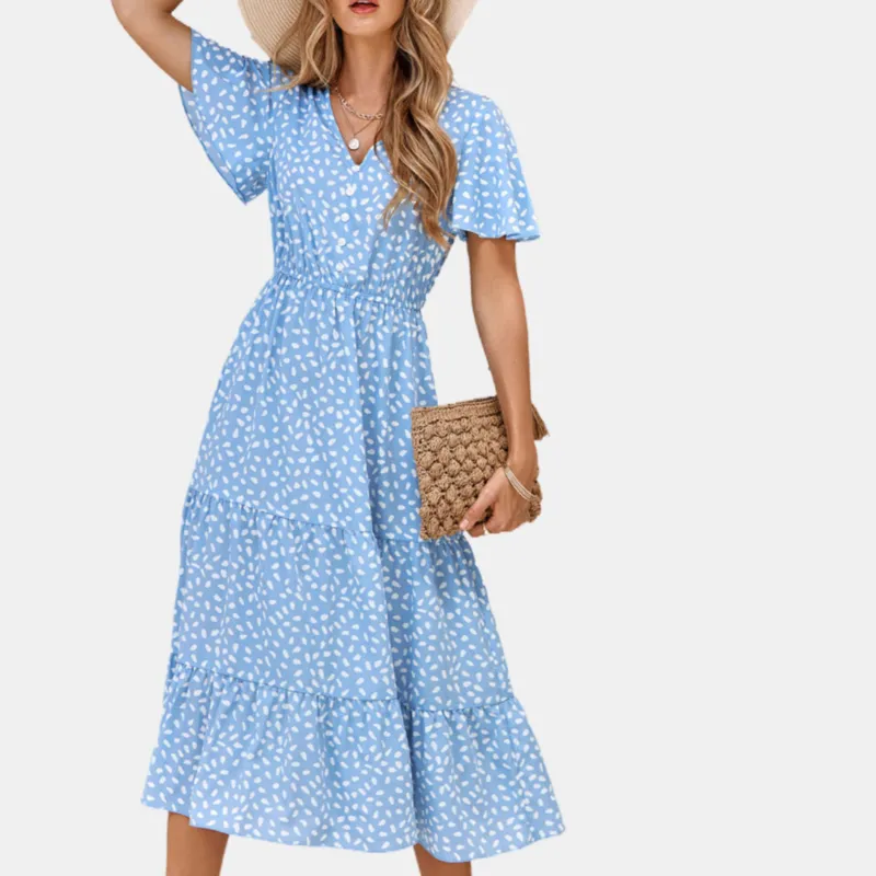 Blue Floral Dress | Button Up Short Sleeve