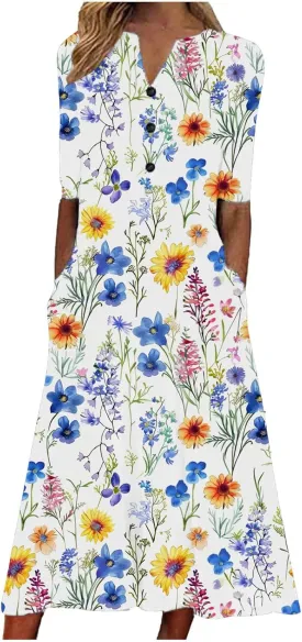Boho Floral Dress for Women's Short Sleeve Button V Neck Dresses Vintage Casual Maxi Sundress Summer Beach Sundresses