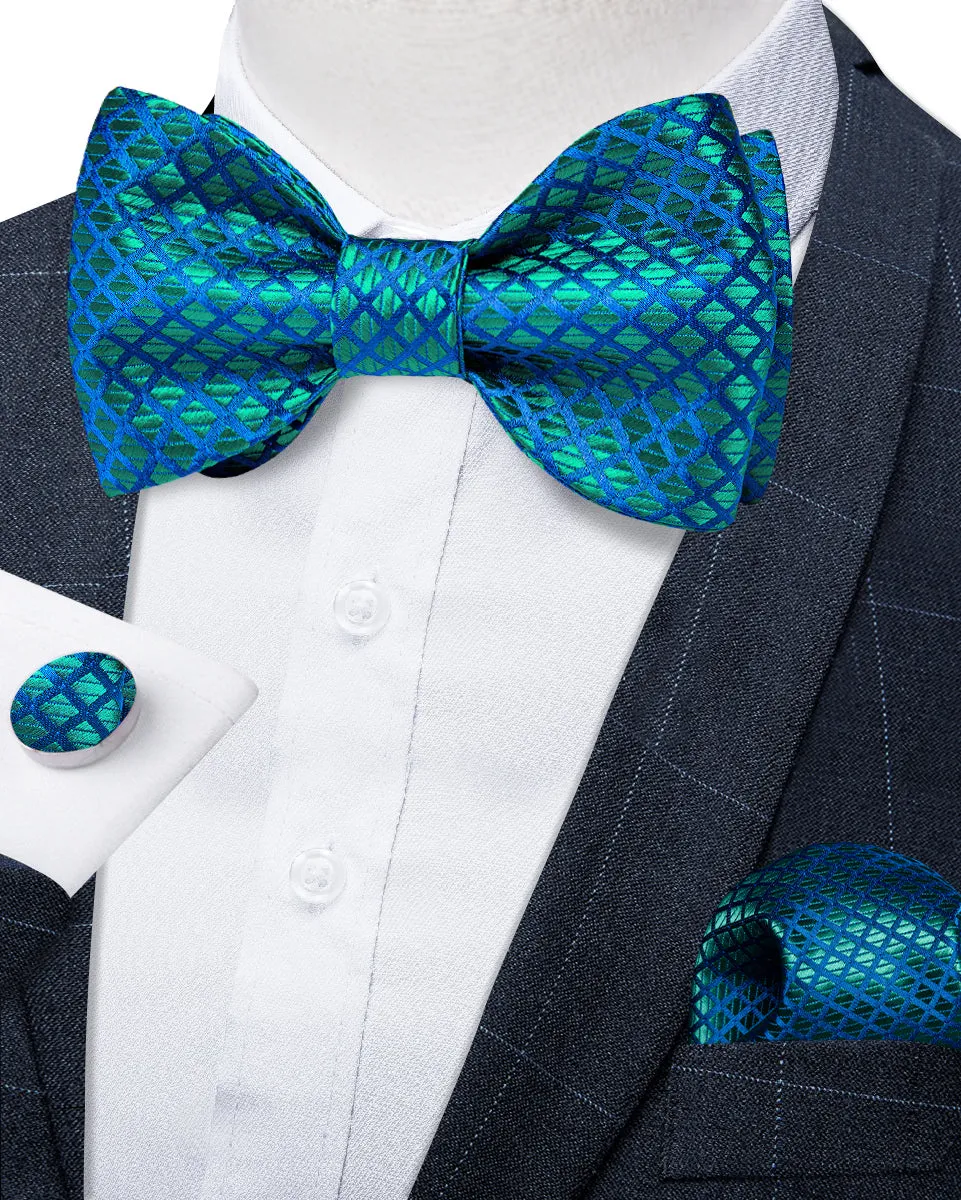DiBanGu Men's Suspenders Novelty Green Blue Plaid Brace Clip-on Suspender with Bow Tie Set
