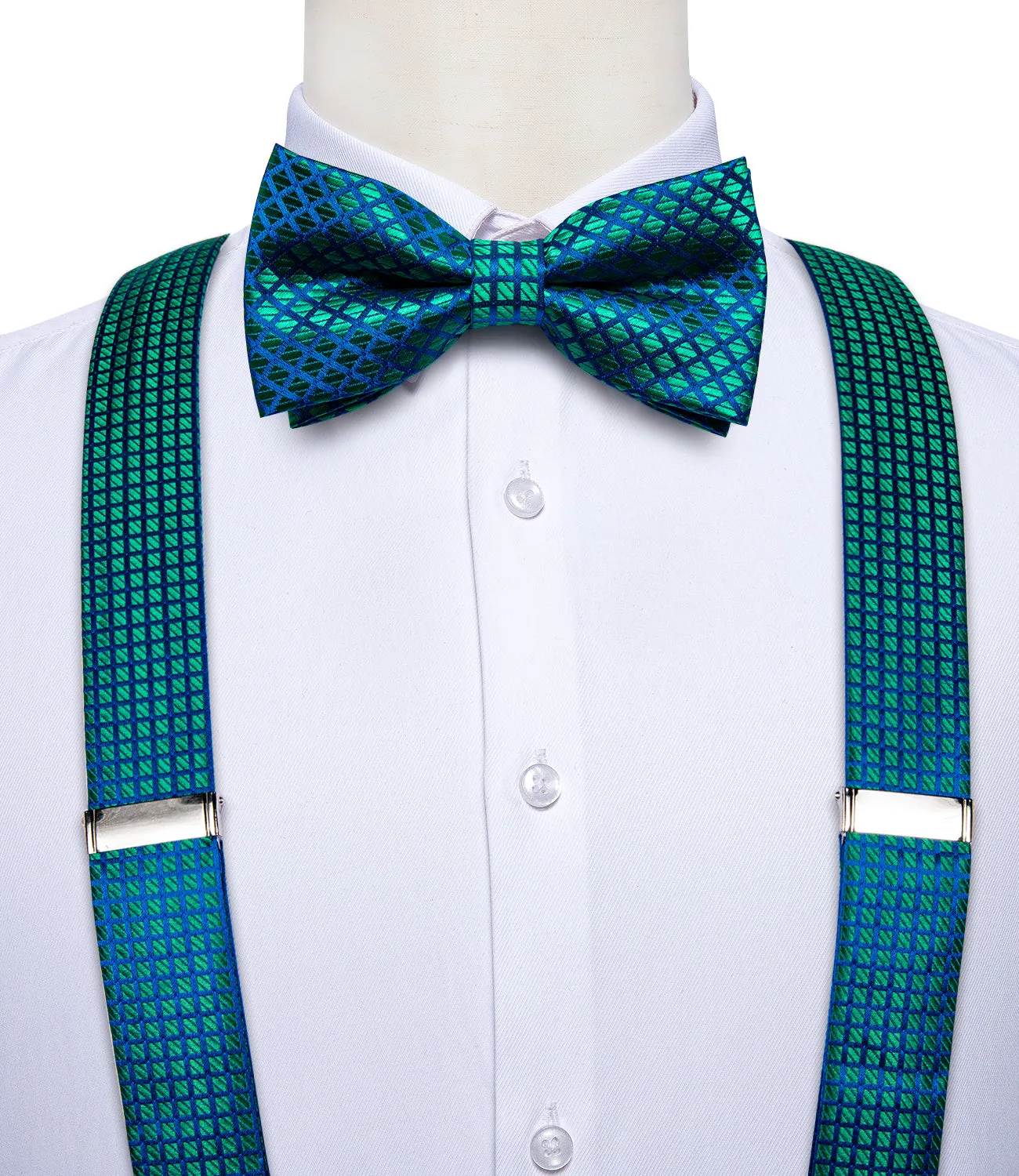 DiBanGu Men's Suspenders Novelty Green Blue Plaid Brace Clip-on Suspender with Bow Tie Set
