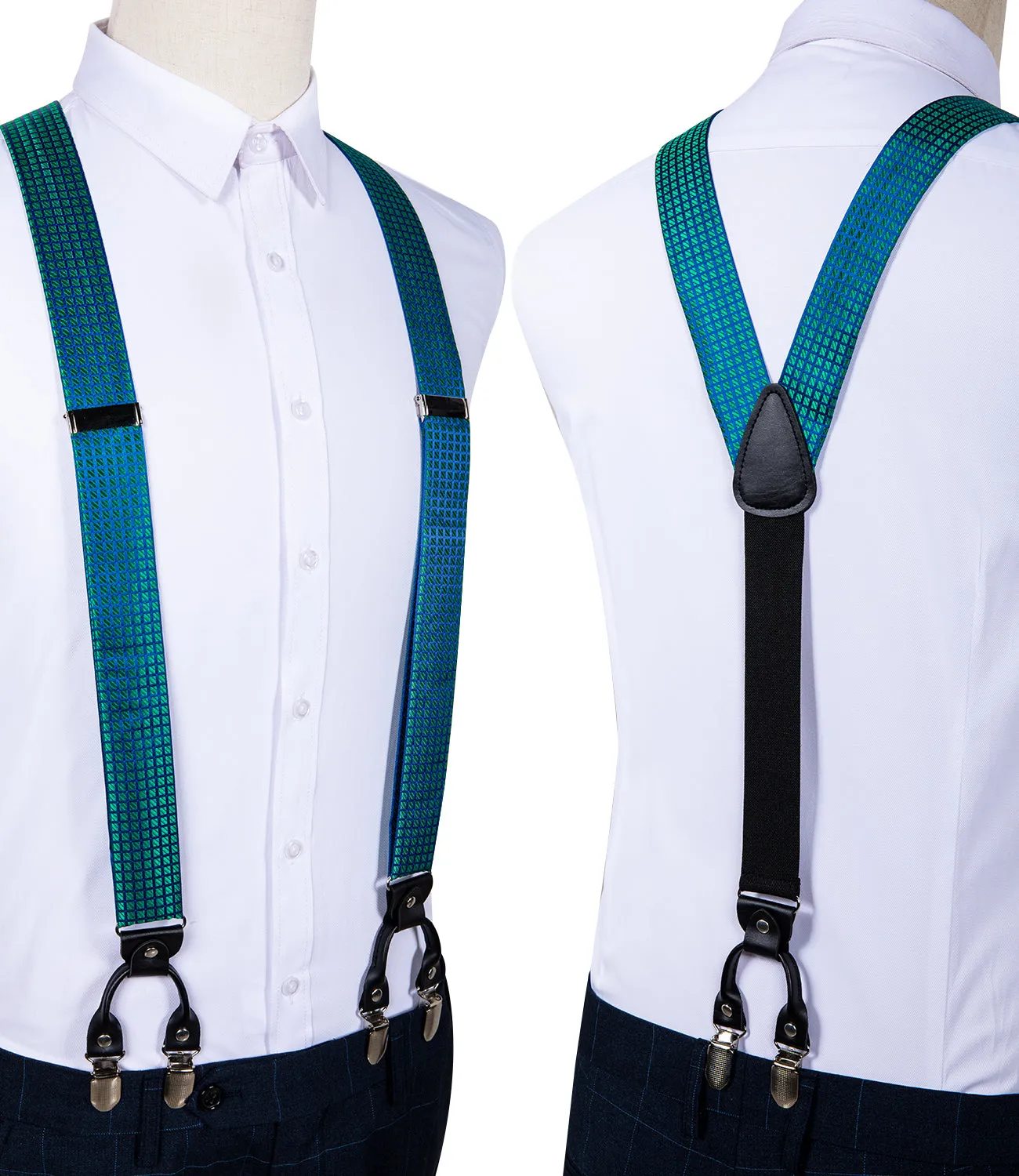 DiBanGu Men's Suspenders Novelty Green Blue Plaid Brace Clip-on Suspender with Bow Tie Set