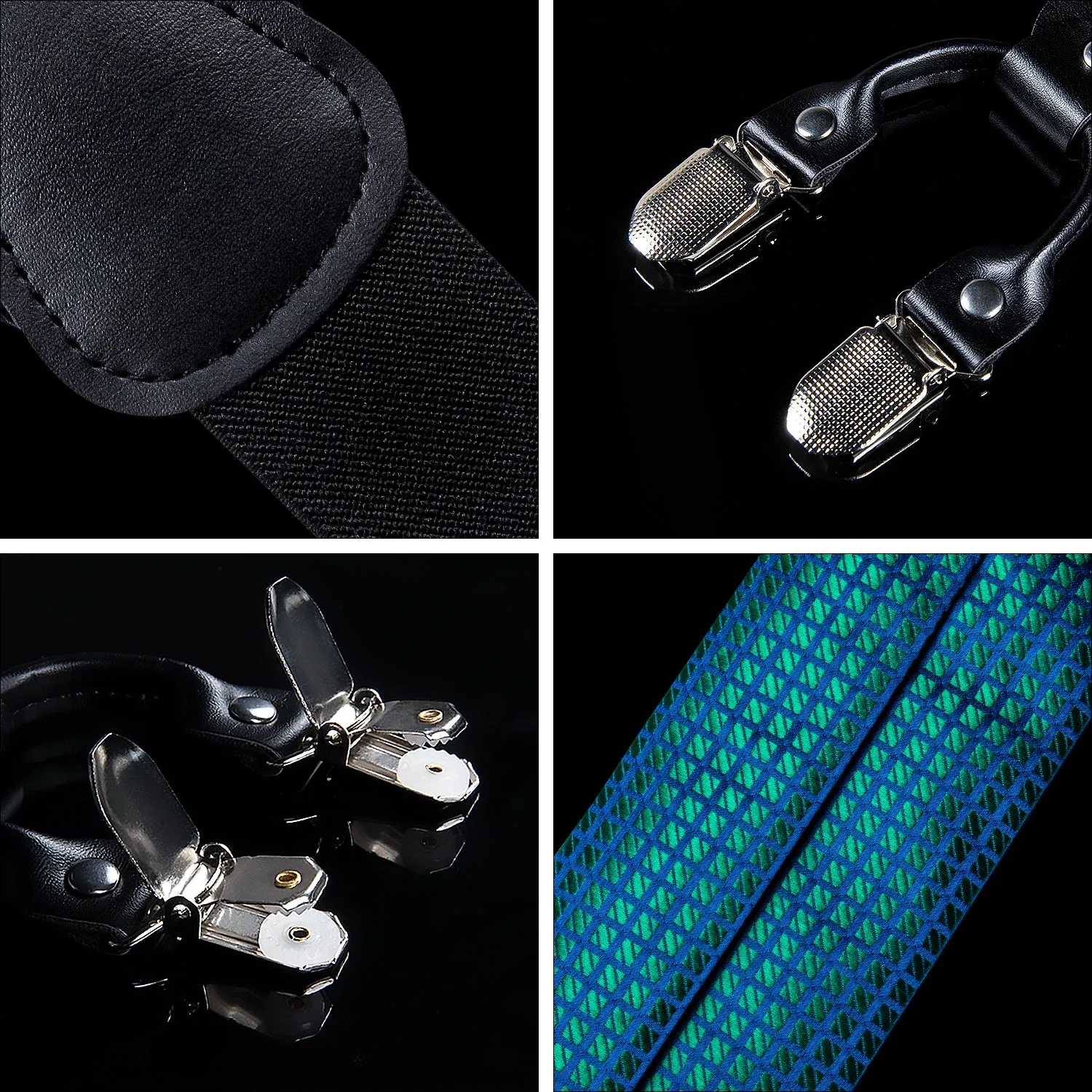 DiBanGu Men's Suspenders Novelty Green Blue Plaid Brace Clip-on Suspender with Bow Tie Set