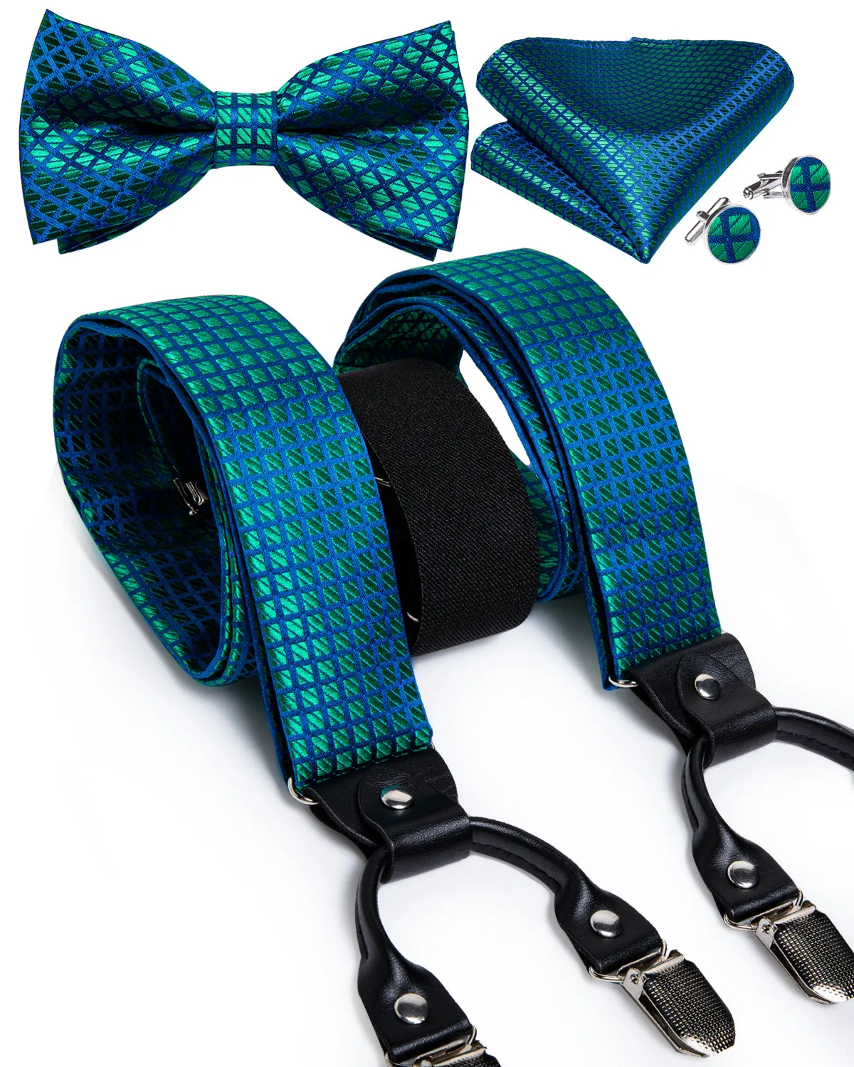 DiBanGu Men's Suspenders Novelty Green Blue Plaid Brace Clip-on Suspender with Bow Tie Set