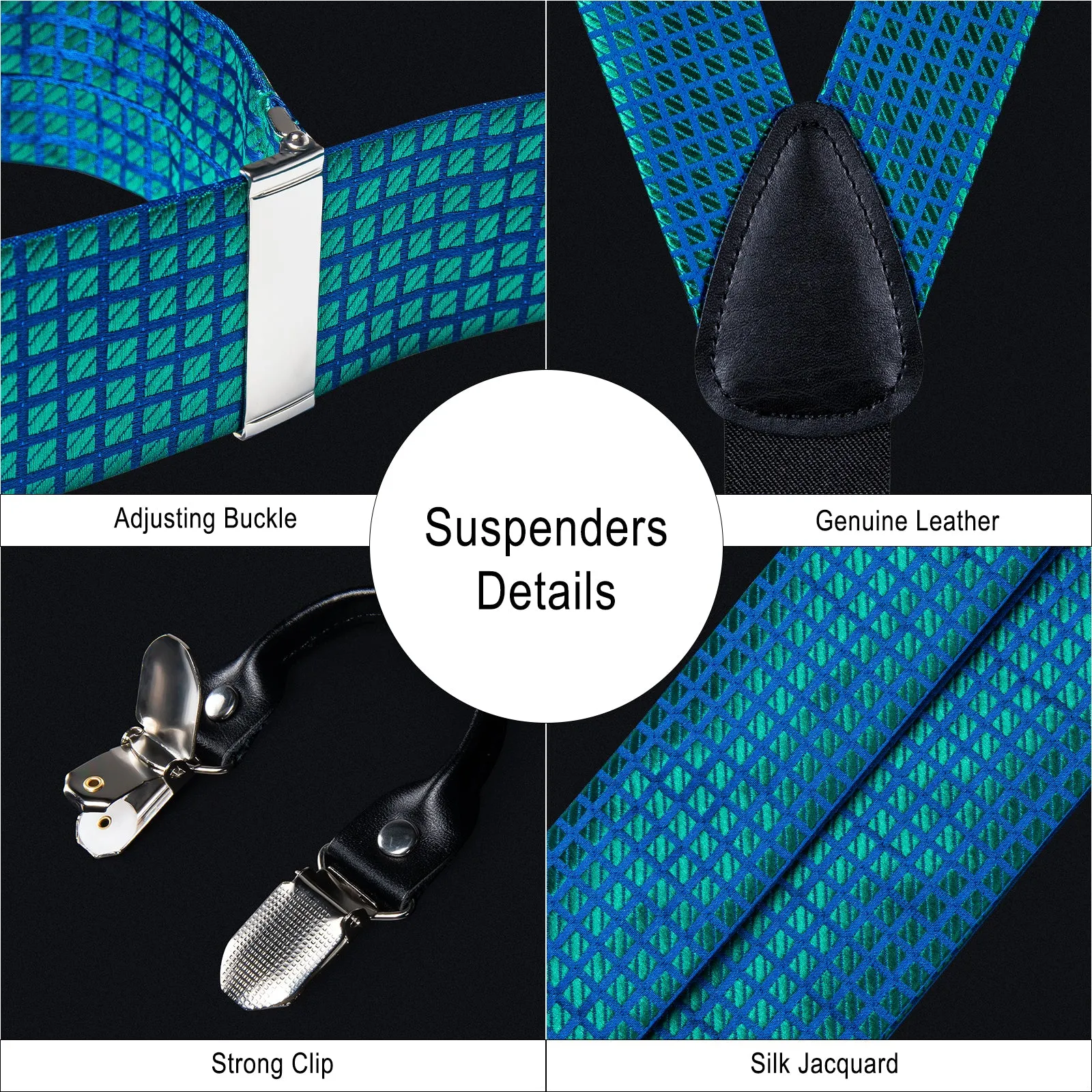 DiBanGu Men's Suspenders Novelty Green Blue Plaid Brace Clip-on Suspender with Bow Tie Set