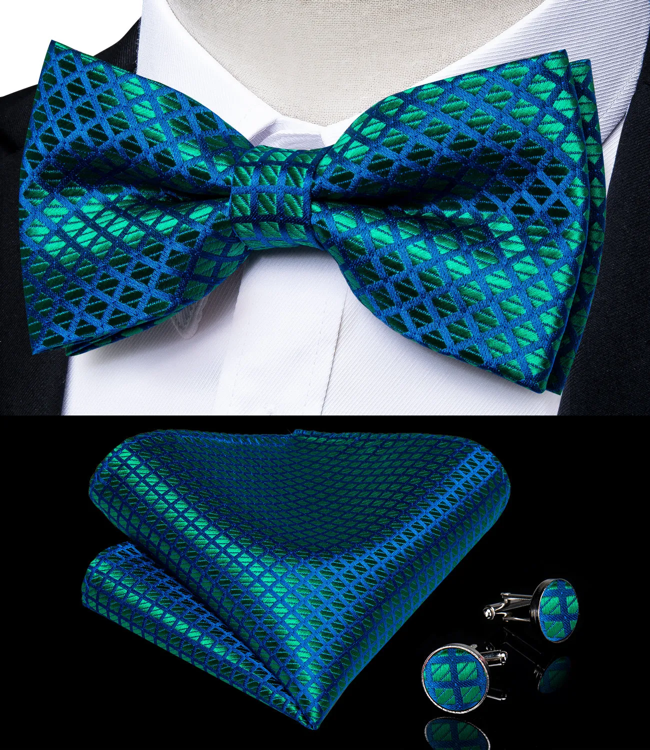 DiBanGu Men's Suspenders Novelty Green Blue Plaid Brace Clip-on Suspender with Bow Tie Set