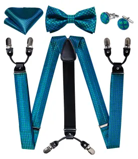 DiBanGu Men's Suspenders Novelty Green Blue Plaid Brace Clip-on Suspender with Bow Tie Set