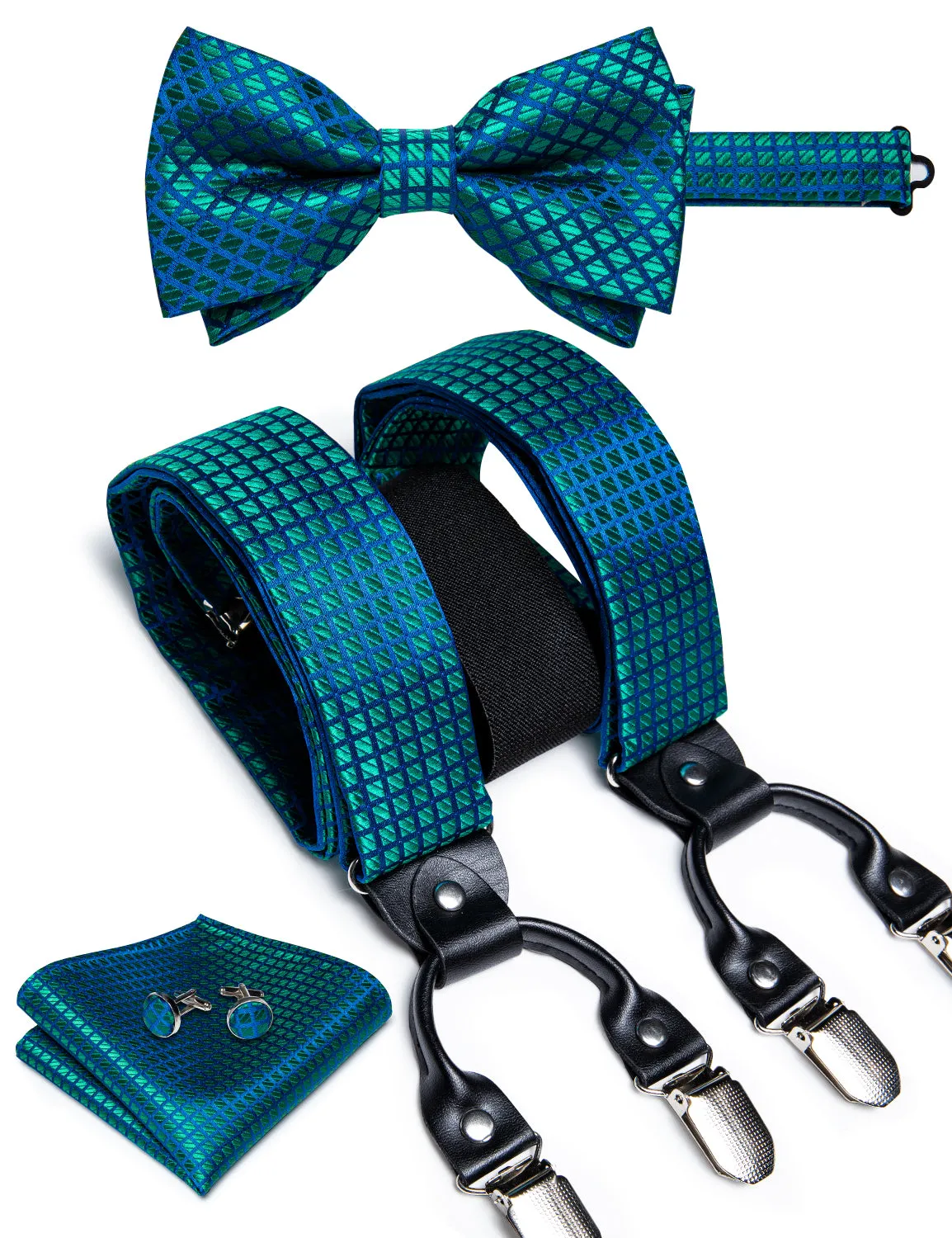 DiBanGu Men's Suspenders Novelty Green Blue Plaid Brace Clip-on Suspender with Bow Tie Set