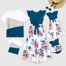 Family Matching Dress V Neck Flutter-sleeve Floral Print Dresses Colorblock T-shirts