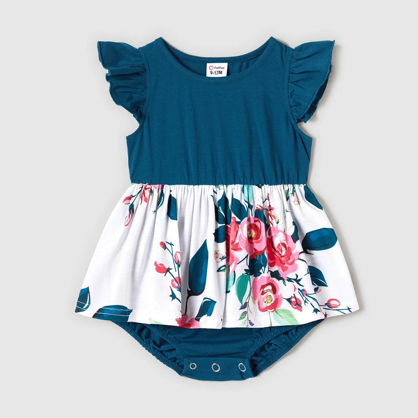 Family Matching Dress V Neck Flutter-sleeve Floral Print Dresses Colorblock T-shirts