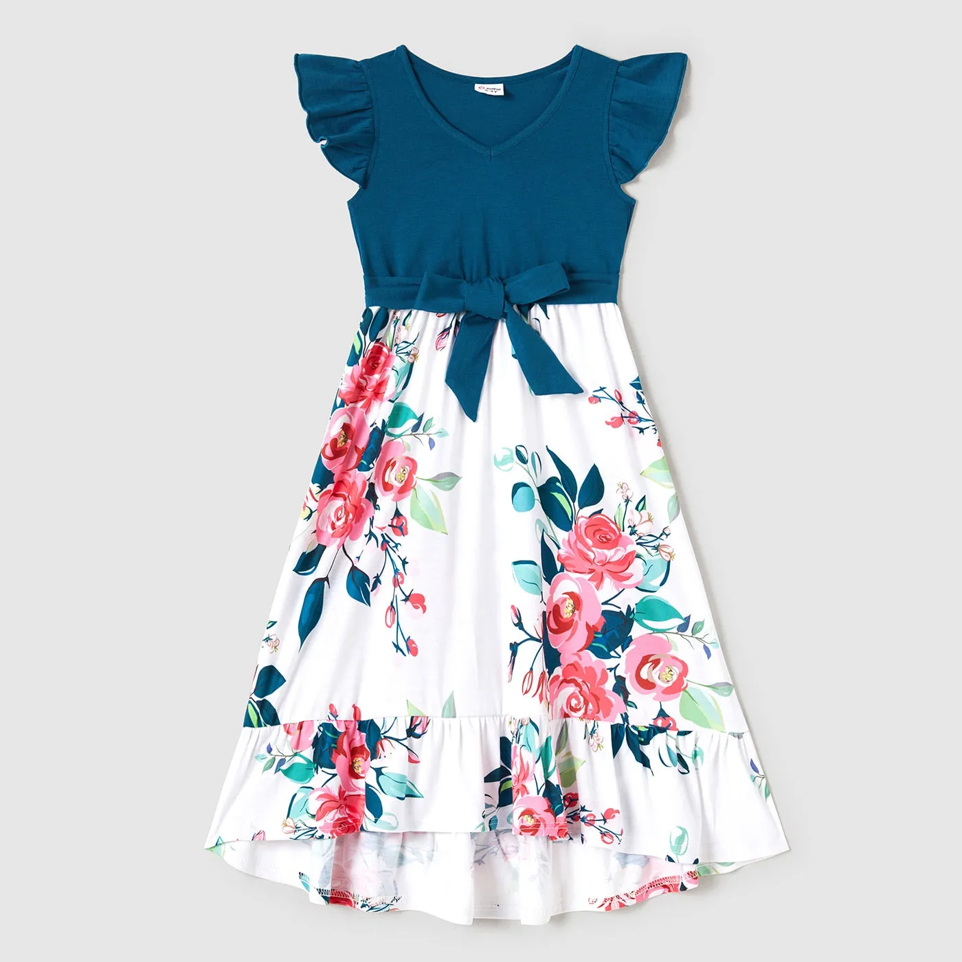 Family Matching Dress V Neck Flutter-sleeve Floral Print Dresses Colorblock T-shirts