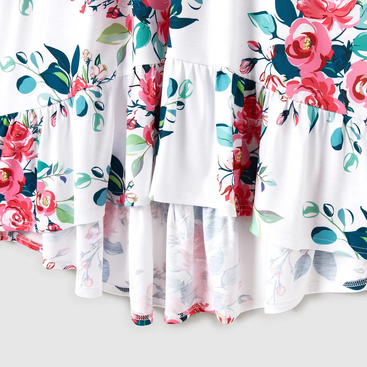 Family Matching Dress V Neck Flutter-sleeve Floral Print Dresses Colorblock T-shirts