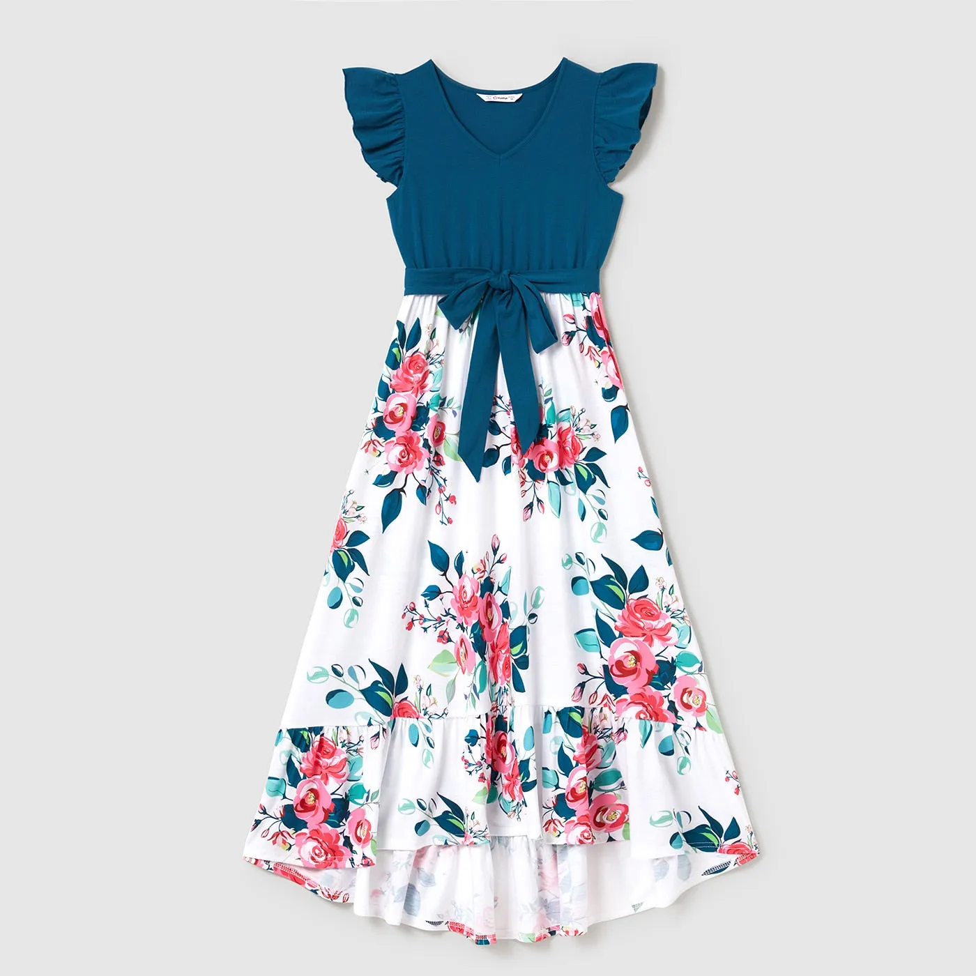 Family Matching Dress V Neck Flutter-sleeve Floral Print Dresses Colorblock T-shirts