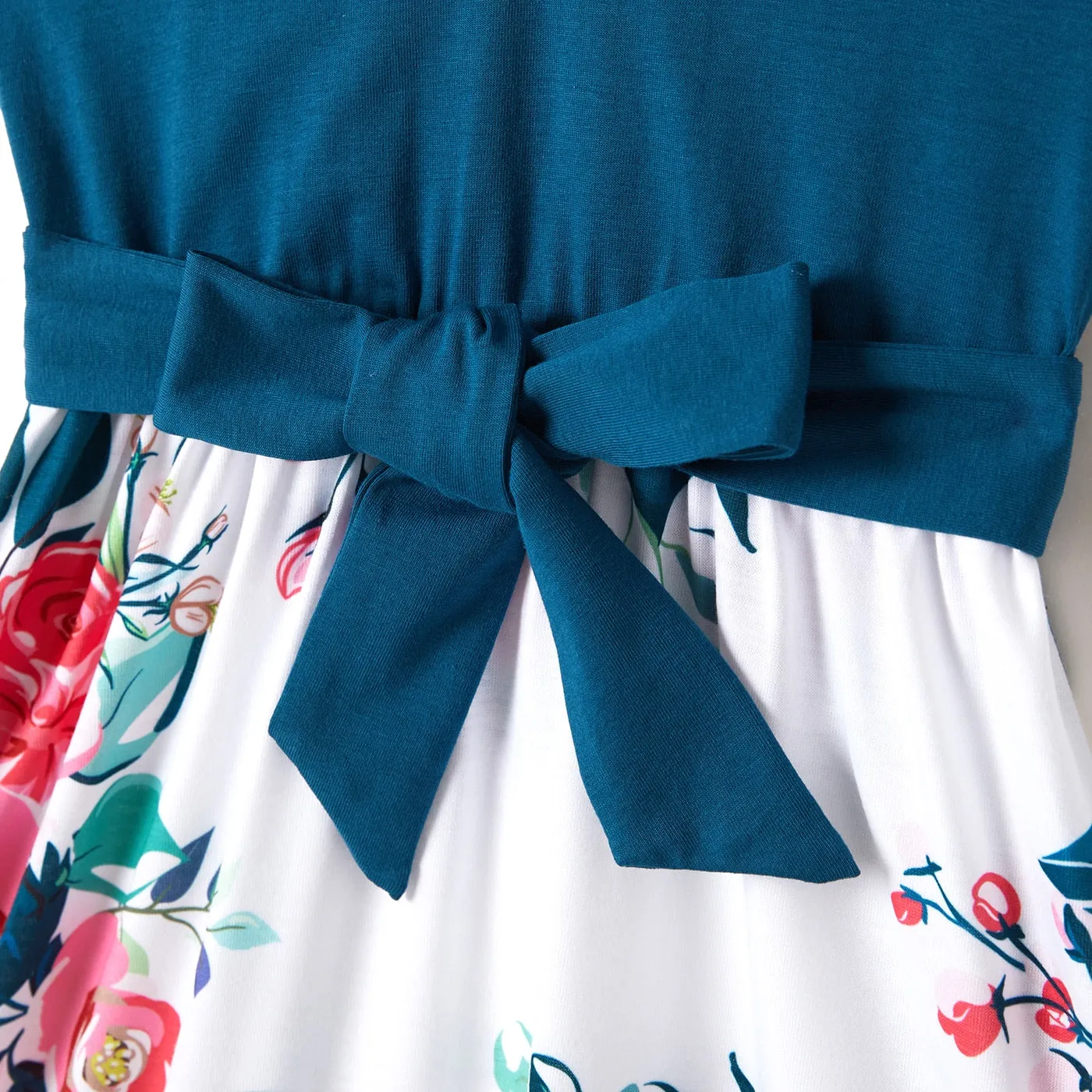 Family Matching Dress V Neck Flutter-sleeve Floral Print Dresses Colorblock T-shirts